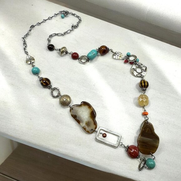 Silver Tone Long Necklace Various Stones Beads Agate Slice Fall Fashion - Picture 2 of 6